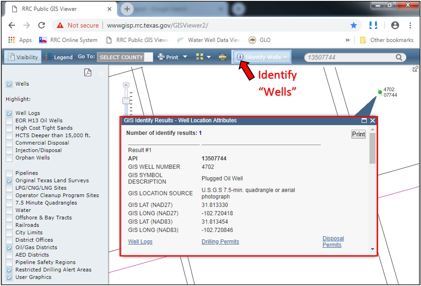 Information for a well, such as the lease name, well number, and coordinates