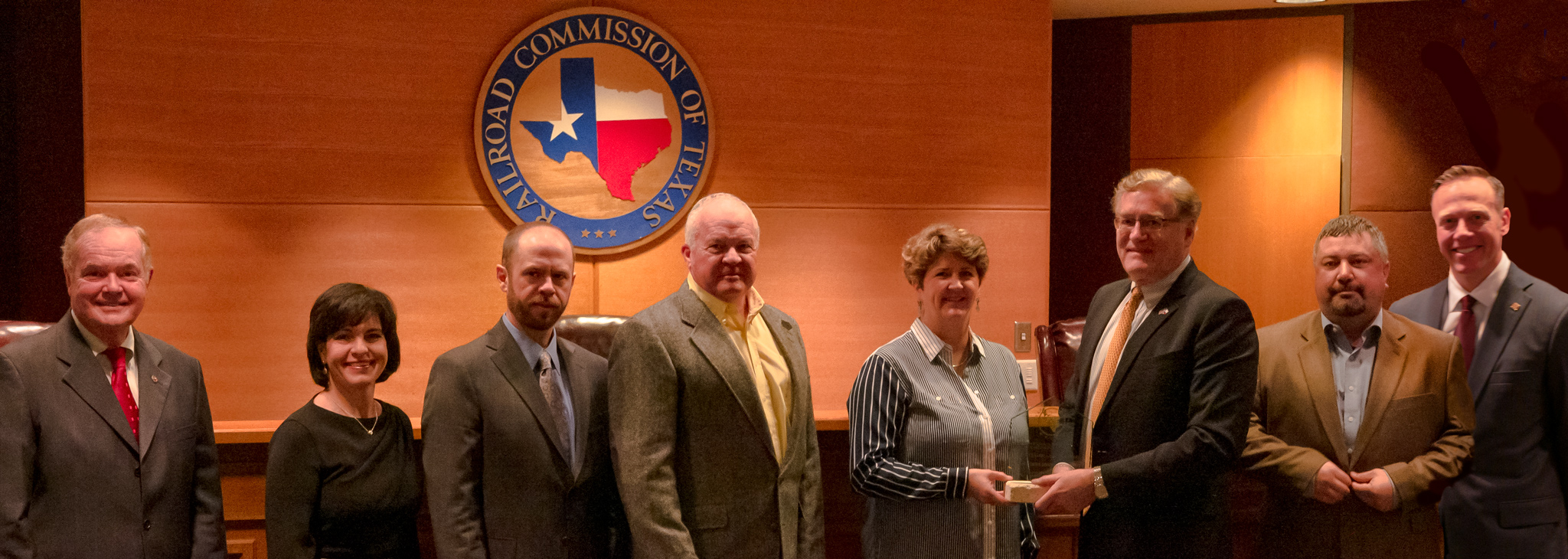 RRC Commissioner Wayne Christian, RRC Chairman Christi Craddick,  Sabine Mining Co. Reps: Josh McAfee; Steve Billingslea, Angela Martin, RRC Surface Mining & Reclamation Interim Director Alex Schoch & Sabine Mining Co. President Andy Hawbaker, RRC Commissioner Ryan Sitton